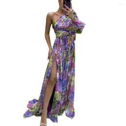 Robes décontractées Femmes Robe Une épaule Imprimé floral avec ourlet fendu sur le côté plissé pour les fêtes Banquets Party