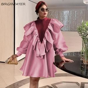 Vestidos casuales Vestido de mujer Pink Wine Red Patchwork Ruffle Mangas largas Precioso Otoño Fiesta Navidad Vestidos femeninos 2021 Moda Robe