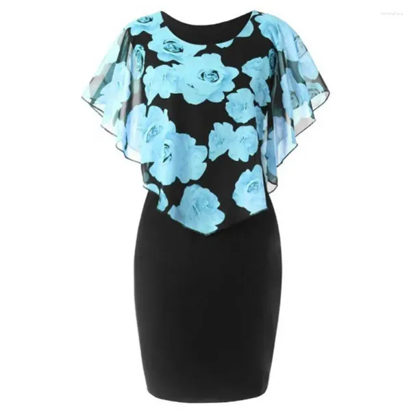 Vestidos casuales Vestido de mujer Tallas grandes Elegante Oficina Lady Rose Flower Print Cape Bodycon Longitud de la rodilla