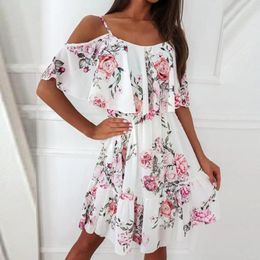 Robes décontractées Femmes Habille Ruffle Spaghetti Strap Patchwork Off Brother Sweve Lady Sling For Beach Sundress Vacation Mini