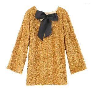 Robes décontractées Femmes Robe Paillettes Sparkling Col rond Mini avec grand détail d'arc arrière pour brillant lâche manches longues dame