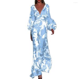 Casual jurken vrouwen jurk sexy diepe v-hals lantaarn mouw hoge taille bloemenprint grote zoom prom banket cocktail maxi vestidos para mujer