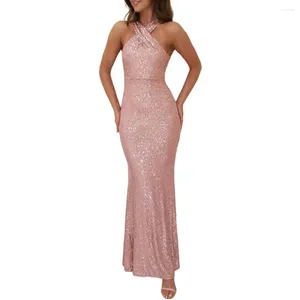 Robes décontractées Femmes Robe Brillante Paillettes Halter Cou Sans Manches Dos Nu Slim Gaine Hors Épaule Longueur De La Cheville Robe De Mariage De Bal De Bal