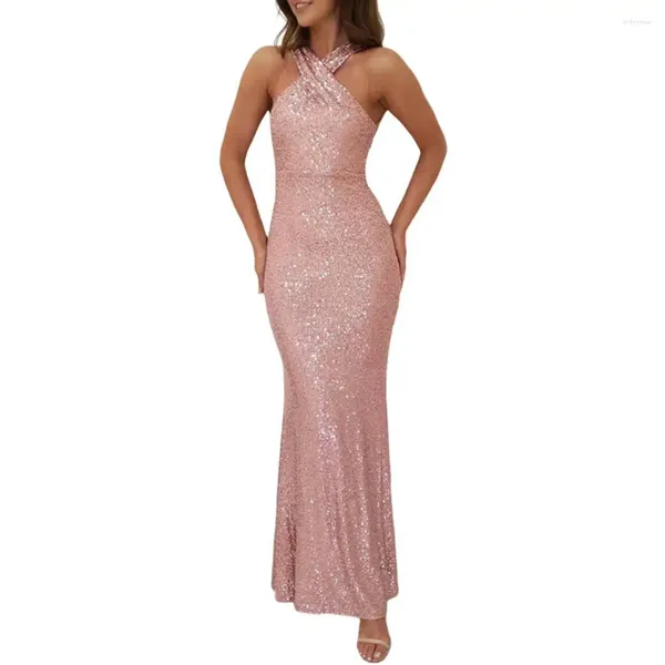 Vestidos informales Vestido de mujer Lentejuelas brillantes Cuello halter Sin mangas Sin espalda Funda delgada Fuera del hombro Longitud del tobillo Fiesta Vestido de novia