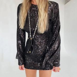 Robes décontractées Femmes Robe Brillant Paillettes Col Rond Slim Fit Manches Longues Corne Couleur Unie Au-dessus Du Genou Longueur Taille Serrée Prom Party Mini