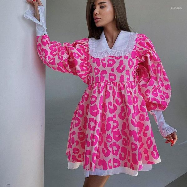 Robes décontractées femmes robe printemps et automne mode à manches longues taille haute imprimer un col de poupée bulle gonflée mignon léopard rose