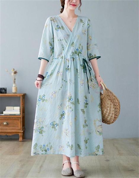 Vestidos casuales vestidos para mujeres verano 2022 algodón vintage estampado media manga larga vestidos azules azules femme toallas elegante