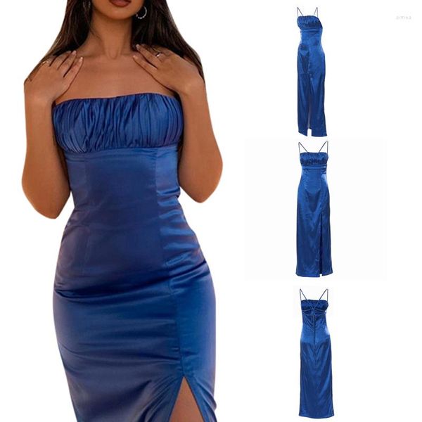 Vestidos casuales Vestido de mujer Verano Correa de espagueti Cintura alta Split Bodycon Azul Color sólido Tie-Up Bag Hip Bar Clubwear