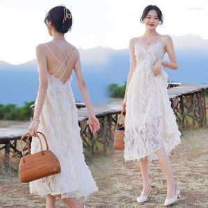 Casual jurken vrouwen kleden zomer witte a-line hoge taille tassel veer spaghetti riem backless midi strand vakantie boho boho