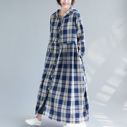 Robes Décontractées Femmes Robe Mince À Capuche Plaid Lâche Vintage Automne Printemps Mode Longue YoYiKamomoCasual