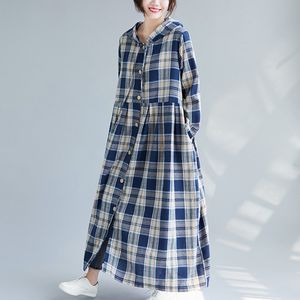 Casual jurken vrouwen kleden dunne kap plaid los vintage herfst lente mode lang yoyikamomocasual