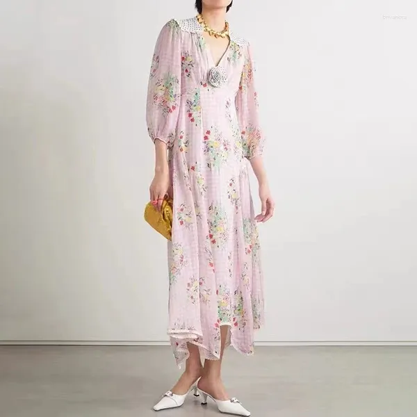 Robes décontractées Femmes Robe Col V Crochet Garniture Couture Plaid Imprimer Irrégulière Midi