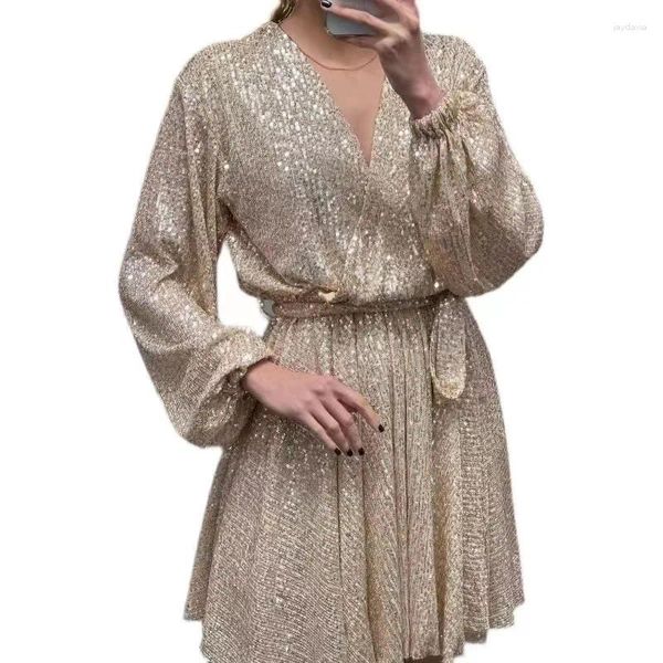 Robes décontractées femmes robe col en V à manches longues haute fente sequin mini discothèque robes de soirée dame élégante