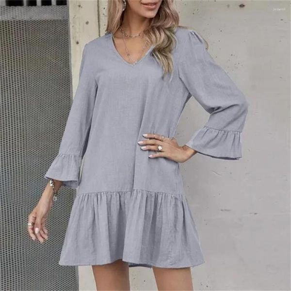 Vestidos casuales Vestido de mujer con cuello en V plisado dobladillo suelto bata color sólido manga tres cuartos mini para vestidos para mujer