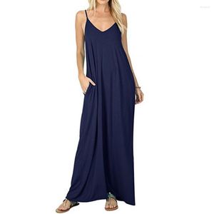 Robes décontractées femmes robe col en v sans manches fronde couleur unie poches latérales coupe ample mince Maxi vacances longues Streetwear