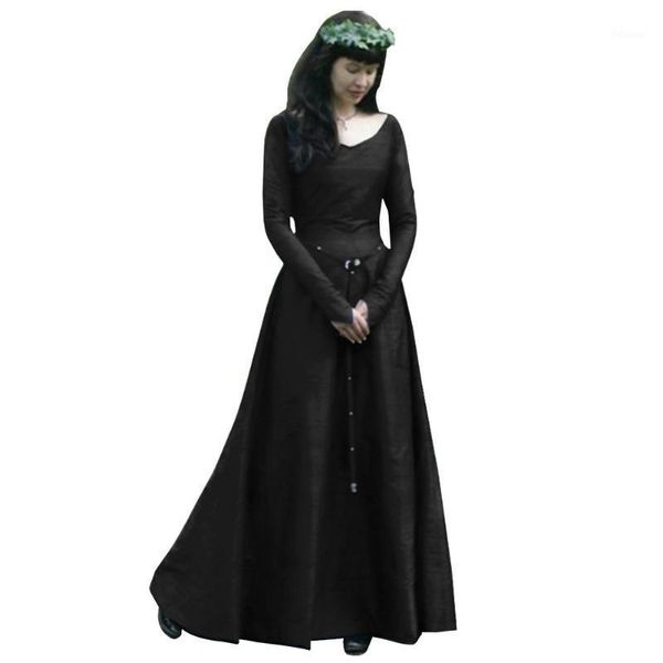 Vestidos casuales vestidos para mujeres vintage maxi una línea de cintura apretada de cosplay manga larga tripulación medieval necio viajar elegante suave halloween