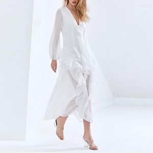 Robes décontractées femmes robe blanc à manches longues printemps été vêtements broderie volants voir à travers les demoiselles d'honneur mariage femme