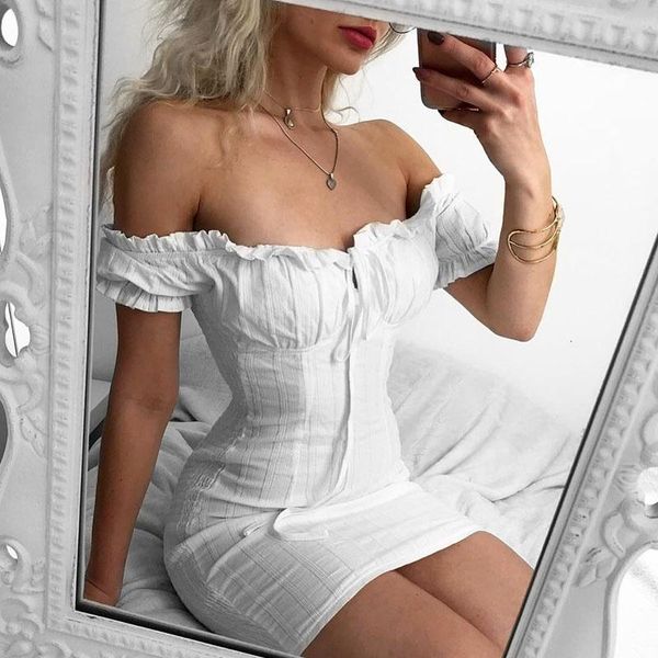 Vestidos casuales Mujeres Elegante Arco Blanco Mini vestido femenino Fiesta de verano Festival de cumpleaños Lindo Sexy Romántico Seda Una línea Cuello Tubo Top