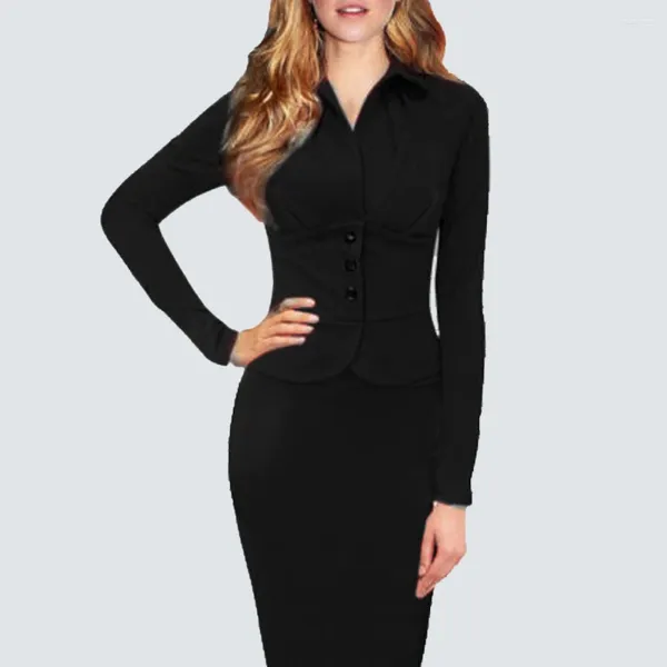 Vestidos casuales mujeres elegante negocio clásico oficina señoras otoño invierno botón ajustado vaina bodycon lápiz vestido hg749