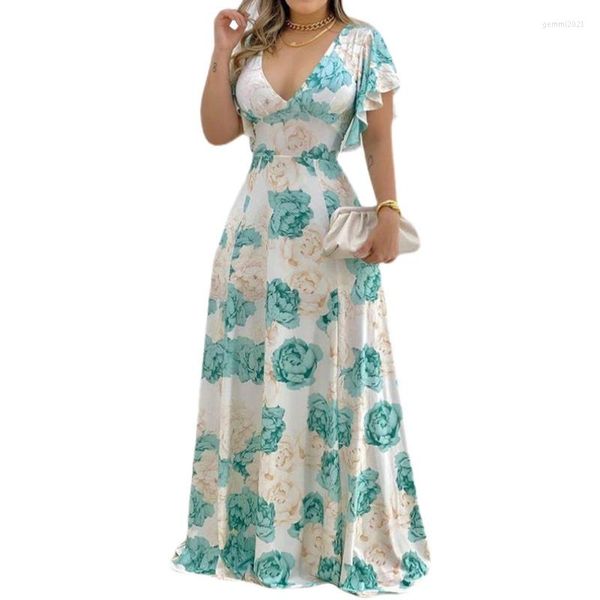 Robes décontractées femmes élégantes en mousseline de soie col en v profond motif floral manches papillon Maxi blanc vêtements de vacances