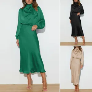 Robes décontractées Femmes Robe élégante Lâche Mi-longueur Satin Lanterne Manches Soirée Pour Mariage Cocktail Fête Midi Femme