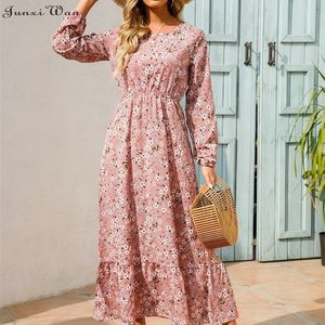 Robes décontractées Femmes Élégant Floral Imprimé Long Printemps Été O Cou Manches Dames Chic Taille Haute Une Ligne Plage 221007