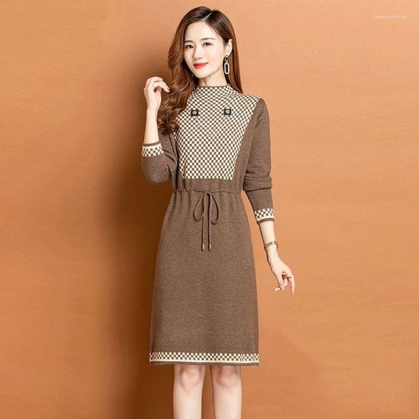 Robes décontractées Femmes Élégant Robe surdimensionnée à tricot pour l'automne hiver 2023 Patchwork Plaid Draw String Pullover Female Pull