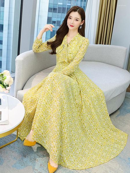 Robes décontractées femmes élégantes à manches longues Maxi robe 2023 printemps bleu mousseline de soie tuniques Midi jaune Floral Chic fête soirée Fiesta