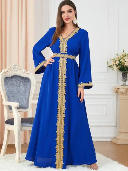 Robes décontractées femmes élégant Maxi 2023 créateur de luxe automne hiver col en v à manches longues Abaya musulman turc Robe de soirée