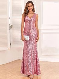 Robes décontractées Femmes Élégant Maxi Longue Sirène 2024 Été Sexy Col En V Sans Manches De Luxe Paillettes Formelle Soirée Robe Robes