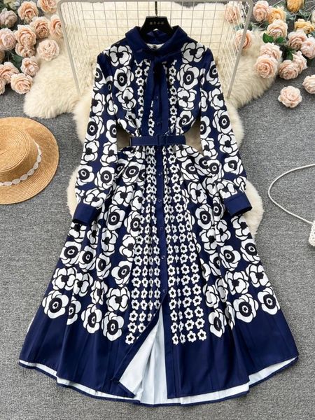 Robes décontractées Femmes Élégant Bleu Marine Robe d'impression Français Chemise Col À Manches Longues Floral Laides Vintage A-ligne Robe De Soirée