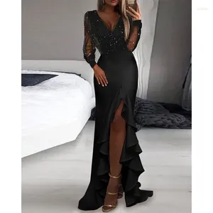 Casual jurken vrouwen elegante feestjurk modekantoor jumpsuit wide been broek herfst pailletten sexy bodycon lange mouwen zakelijke lente