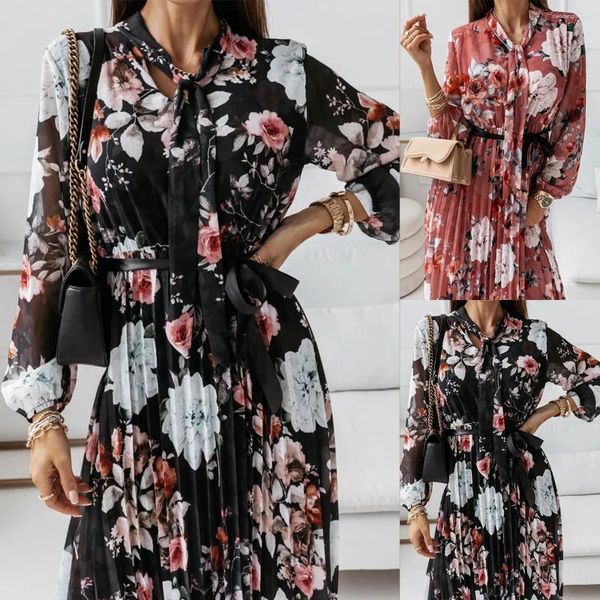 Robes décontractées Femmes élégantes imprimées en mousseline de soie robe d'été mode à manches longues col en v plissé mi-longueur robe femme vestidos mujer 2023