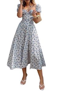 Casual jurken vrouwen elegante zijsplaraat jurk bloemenprint vierkante kraag korte pieiermouwen rok lichtgeel/ whitecasual