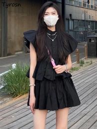 Robes décontractées Femmes Elegant Simple A-Line Campus Design Flying Sleeve attrayant Summer Ruffles Streetwear Ulzzang Solid Daily