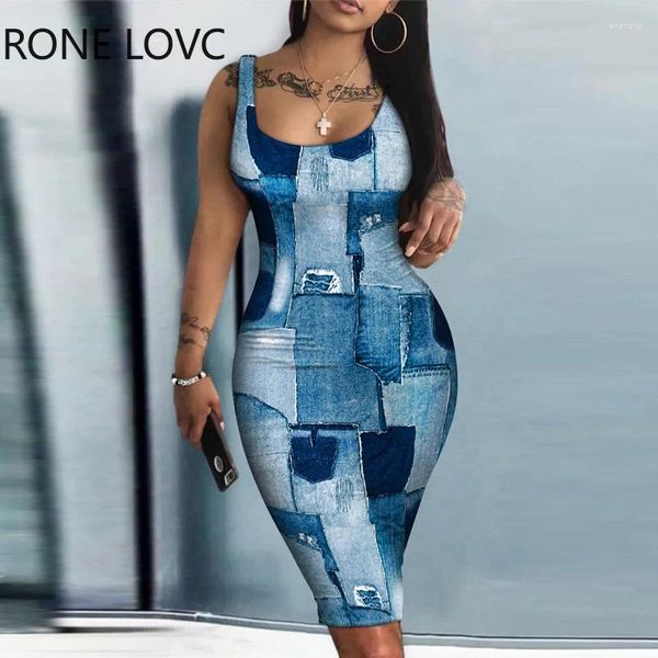 Robes décontractées Femmes Élégant Tank Sans manchons de coude Denim Patchwork Midi Sexy Bodycon