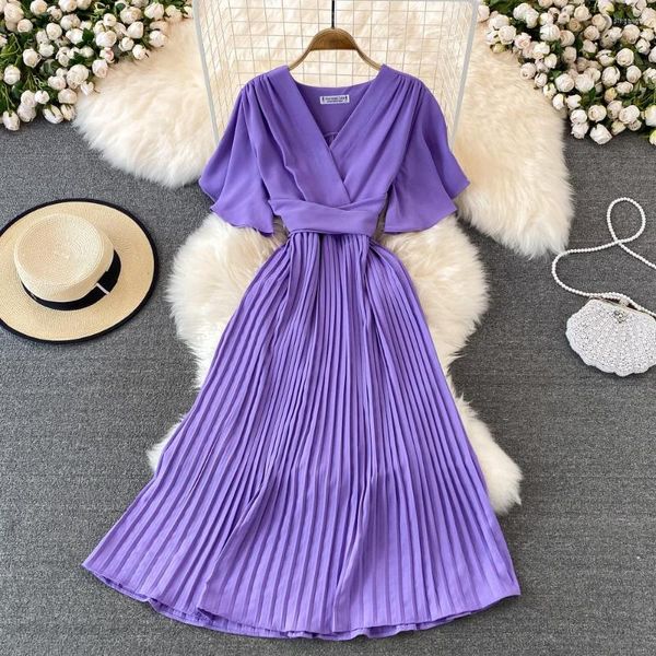 Vestidos casuales Mujer Elegante Cuello en V Big Swing 2023 Moda Primavera Verano Señoras Midi Manga larga voladora Vestido plisado Mujer Cintura alta