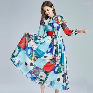 Casual Jurken Dames Elegante Vintage Vakantie Runway Maxi Jurk Designer Kleding Lange Mouw Gedrukt Bloemen A-lijn Slanke Blouses