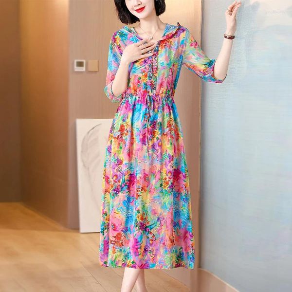 Vestidos informales Mujeres elegantes Vintage Midi Boho Vestido de verano 2024 Onck Mulberry Silk Prom Evening Floral for Korean Fashion