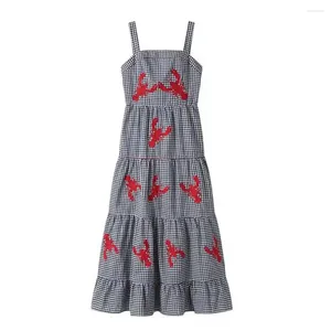 Robes décontractées Femmes Broidered Robe Retro Style MIDI LOBSTER PLaid pour les vacances d'été A-Line avec carré