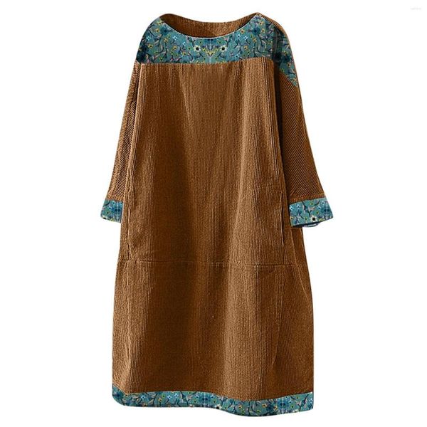 Robes Décontractées Femmes Robe Ethnique Poches Patchwork Lâche Vintage Manches Longues Imprimé Velours Côtelé Femme