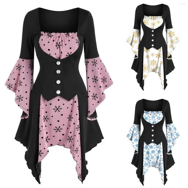 Vestidos casuales Mujeres Vestido de corte medieval europeo Vintage Copo de nieve Impresión Cosplay Traje Carnaval Empalme Manga larga Noche gótica