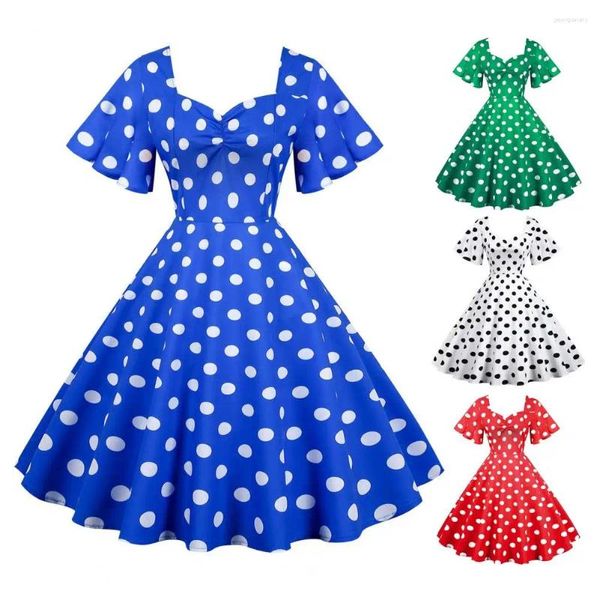 Vestidos informales Vestido de noche para mujeres Dot estampado A-Line V Neck Big Big Swing Mangas de volantes cortos Midi retro Termina Talla alta con cremallera