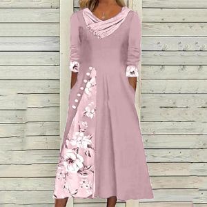 Robes décontractées Femmes Automne Printemps Robe Fleur Imprimer A-ligne Lâche Ourlet Trois Quarts Manches Plissées Mi-mollet Longueur Dame Midi