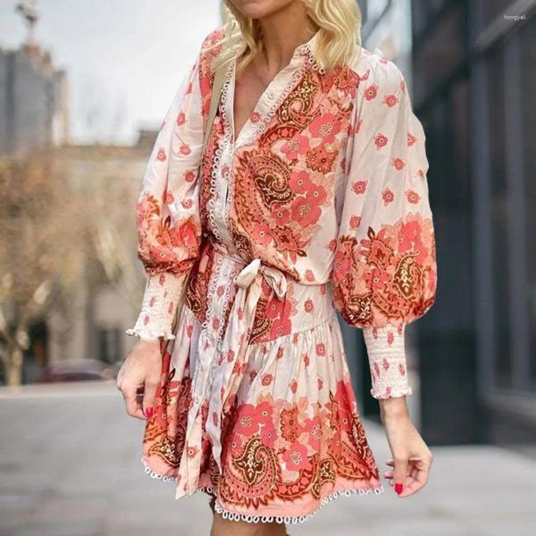 Robes décontractées Femmes Automne Printemps Robe V Col V Manches Longues Imprimé Floral Simple Boutonnage À Lacets Taille Serrée A-ligne Dentelle Datant Mini