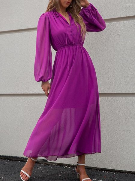 Robes décontractées femmes automne col en V couleur unie à manches longues taille haute violet cravate robe pour dames mode tout match