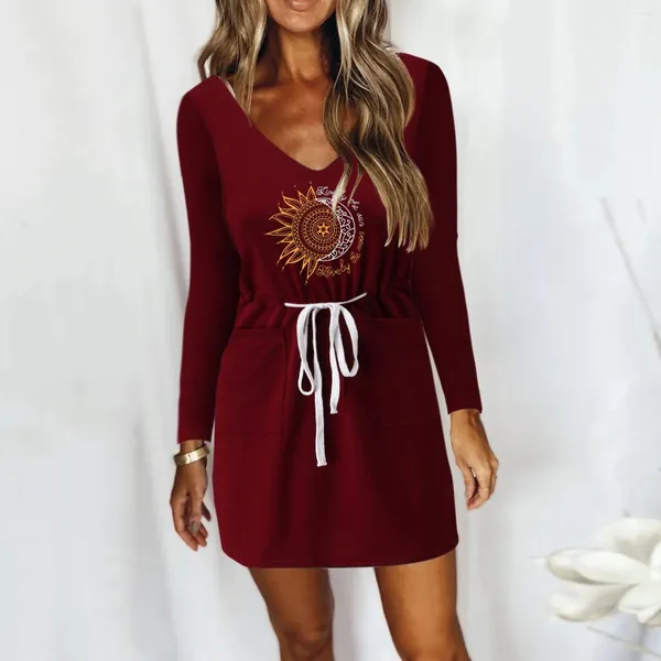 Vestidos casuales Fashion Fashion Autumn Sunflower estampado de manga larga Vestidos sueltos Vestidos Drawstring Beach Mini Dress Rente Femme