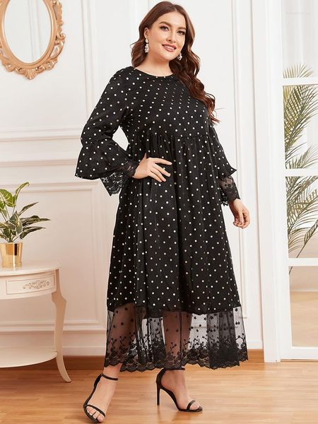 Robes décontractées femmes mode dentelle noire élégantes dames à manches longues à pois dubaï Abaya musulman Maxi robe grande taille 4XL