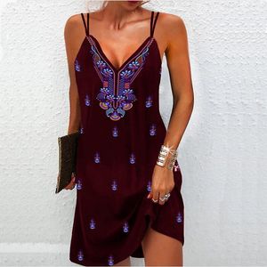 Robes décontractées femmes mode Boho imprimé robe col en v épaules dénudées Spaghetti sangle été plage Midi sans manches débardeur fête