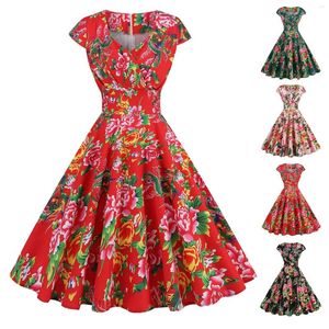 Vestidos casuales Mujeres Moda China Red Flower Print 2024 Verano para la playa Vestido simple corto con bolsillos